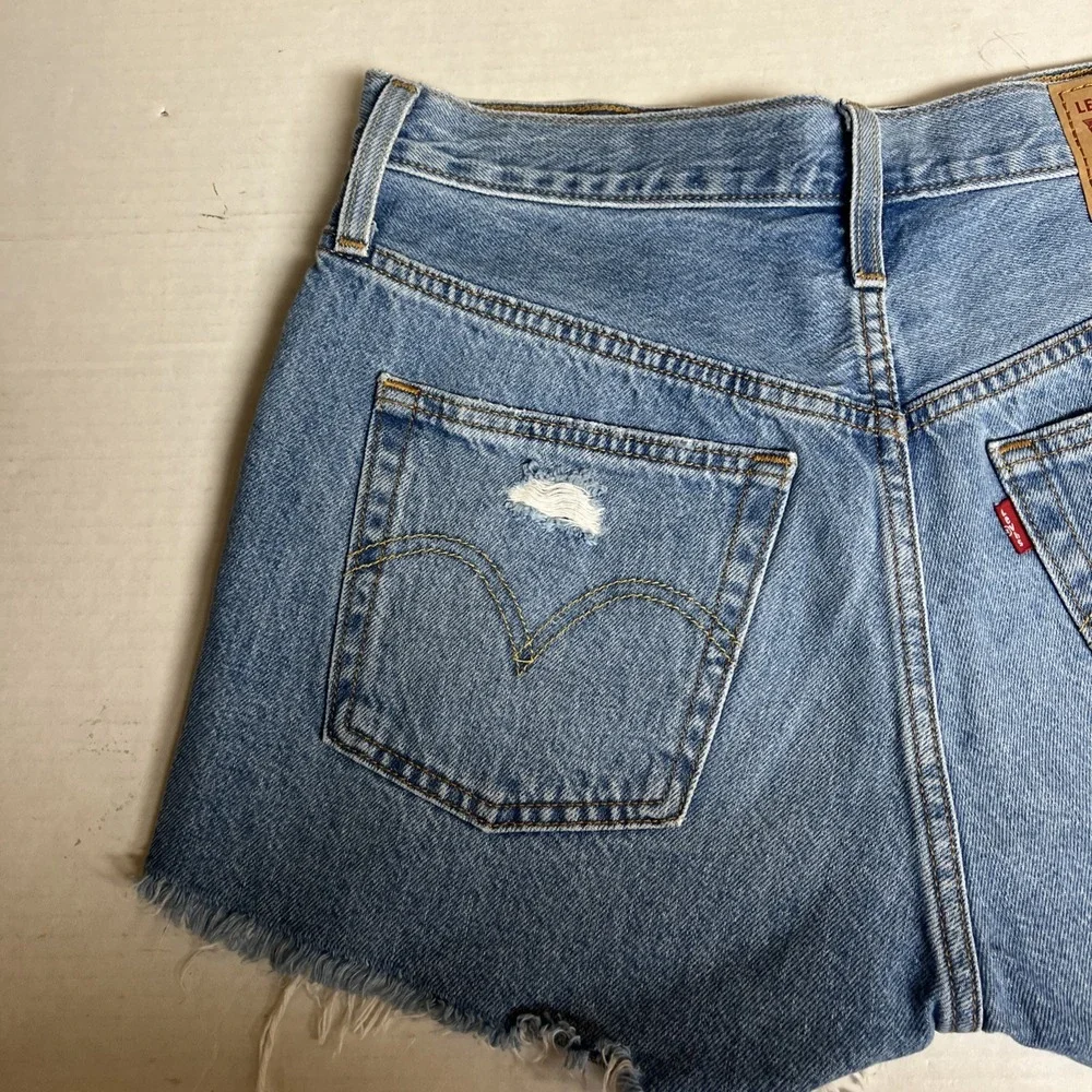 Levis 501 Shorts Womens 27 Blue Button Fly Cut Off Denim High Rise Distressed